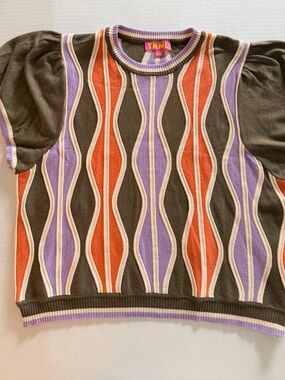 THML Retro Vibes Short Sleeve Geometric Wave Pattern Knit Sweater Top Size L